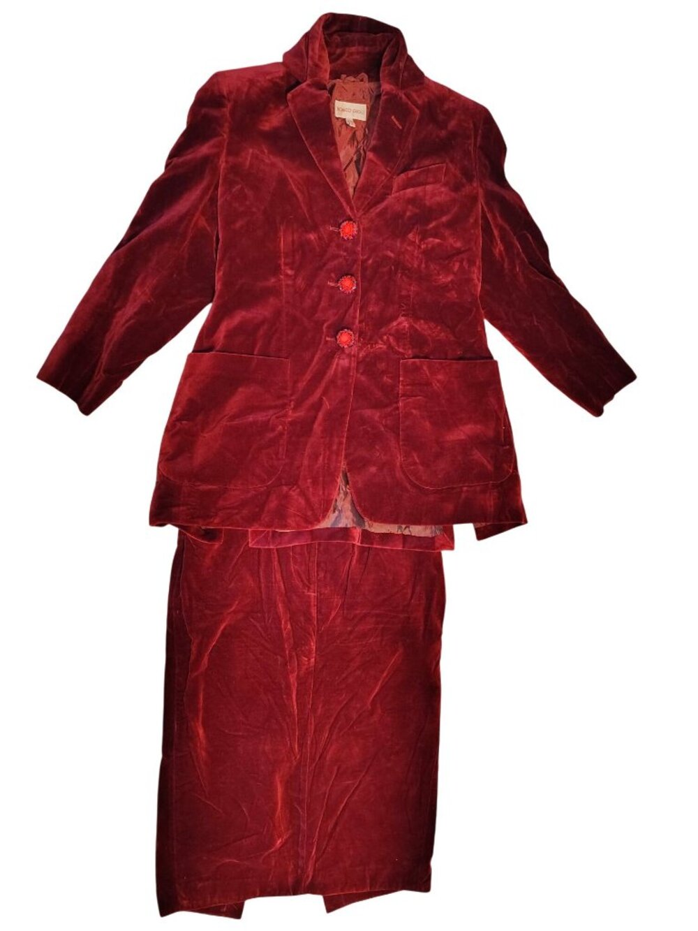 Vintage Romeo Gigli Maroon Red Velvet Blazer Jacket Skirt Set Small/Medium